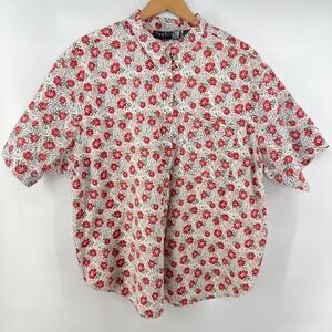 Vintage Shirt Women 2X Floral Cotton Boxy Button Up Short Sleeve Cottage 90s